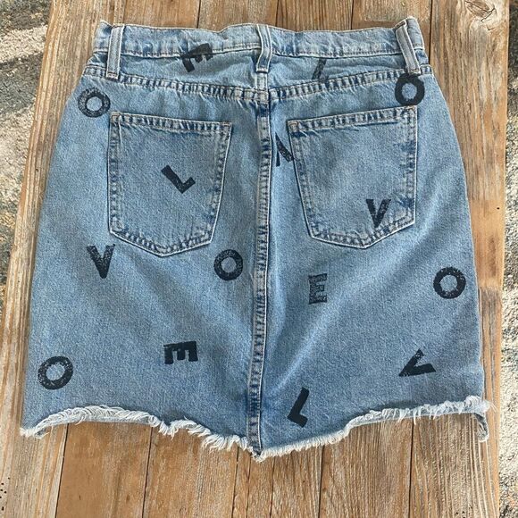 Current Elliot Love Letter Denim Step Ladder Hem Mini Skirt All Over Print - Picture 7 of 10